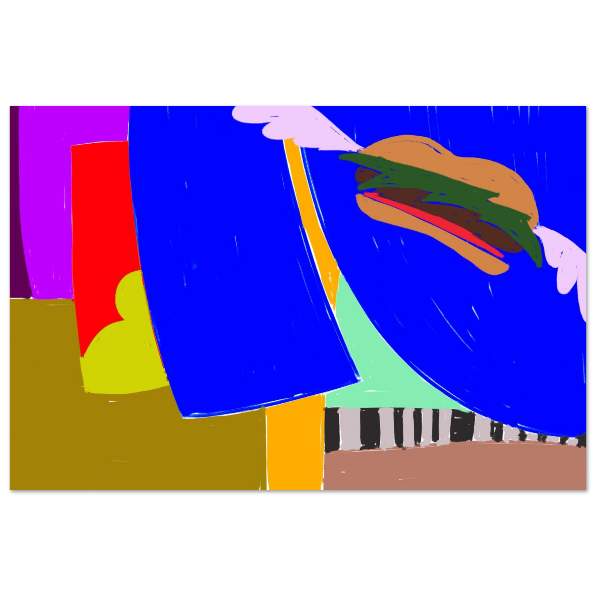 Colorful abstract burger print in pink yellow orange, modern kitchen wall art