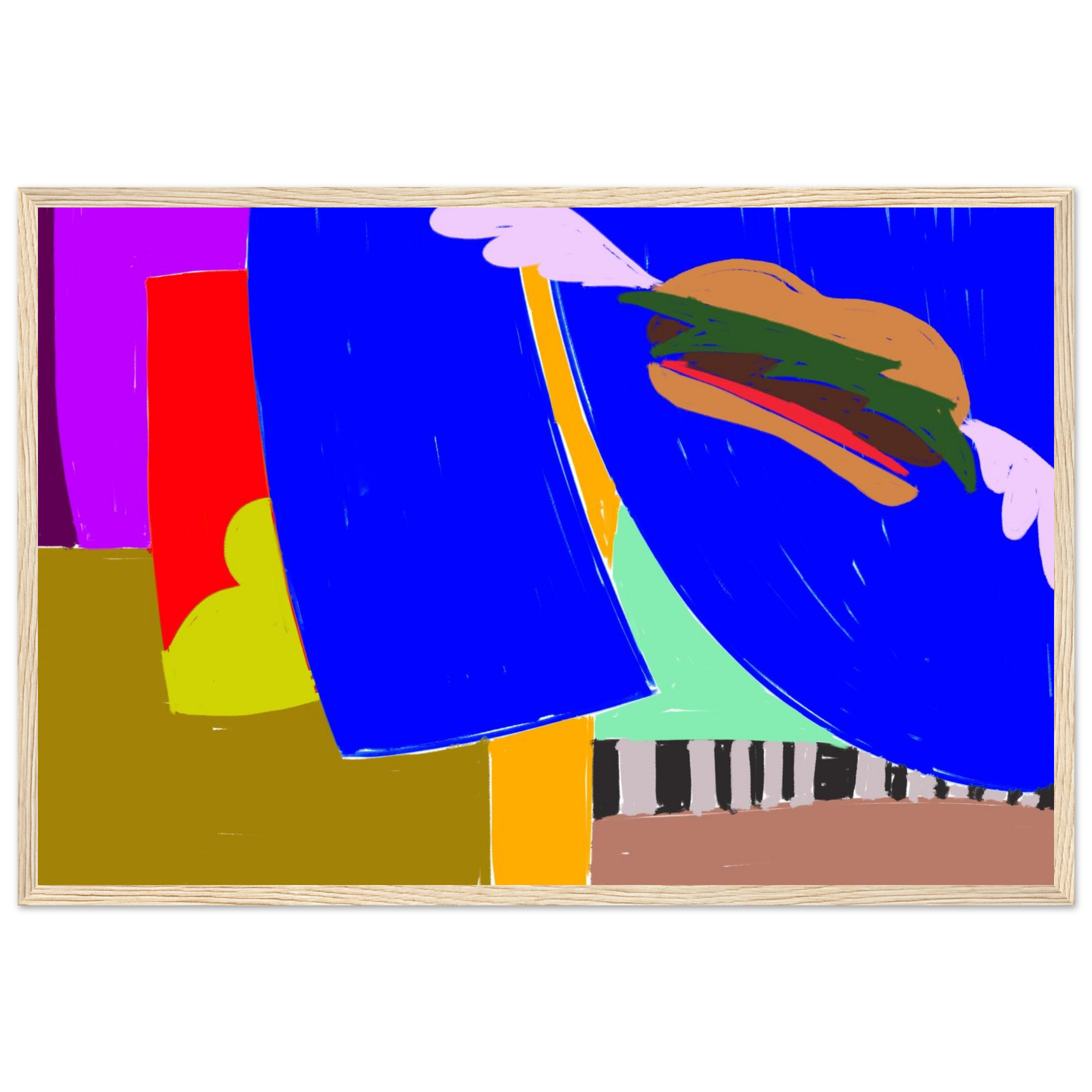 Colorful abstract burger print in pink yellow orange in wooden frame, modern kitchen wall art