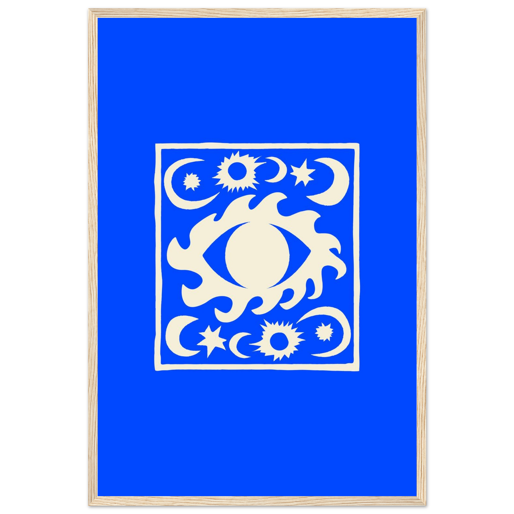 Celestial abstract print with white moon and stars on blue background, dreamy bedroom wall art, framed