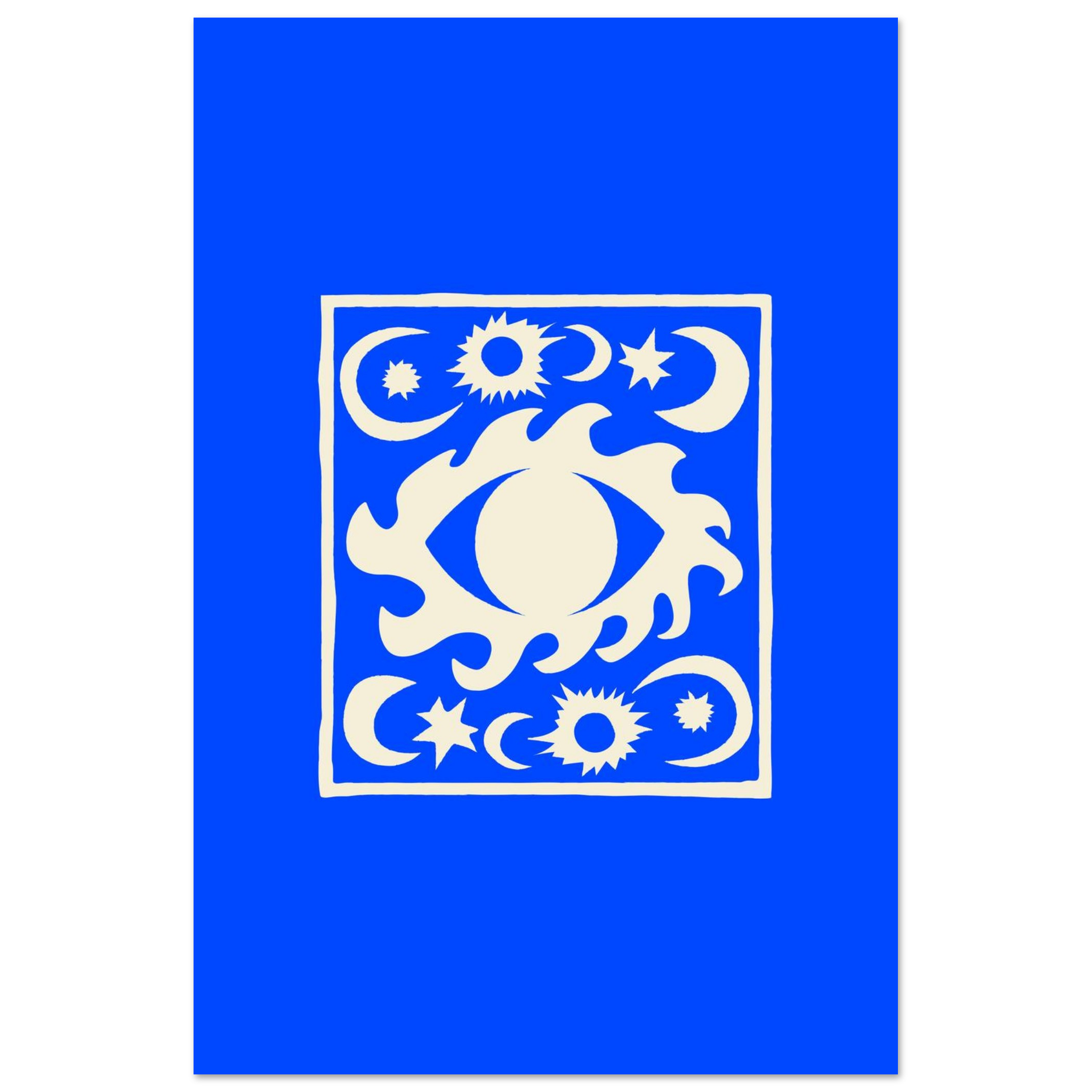 Celestial abstract print with white moon and stars on blue background, dreamy bedroom wall art