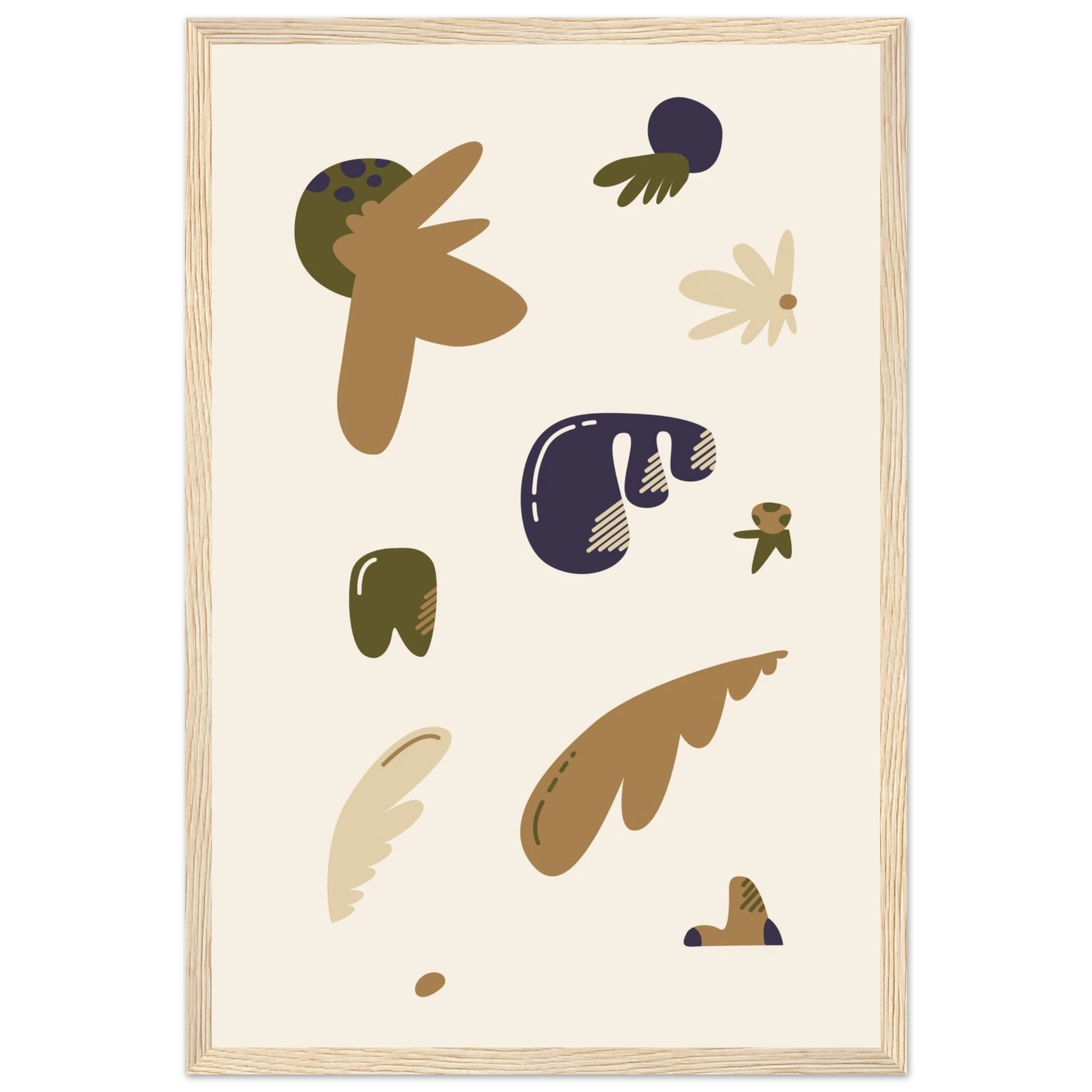 Whimsical abstract floral print in brown, green, navy, and cream with quirky organic blobs, modern wall art, framed