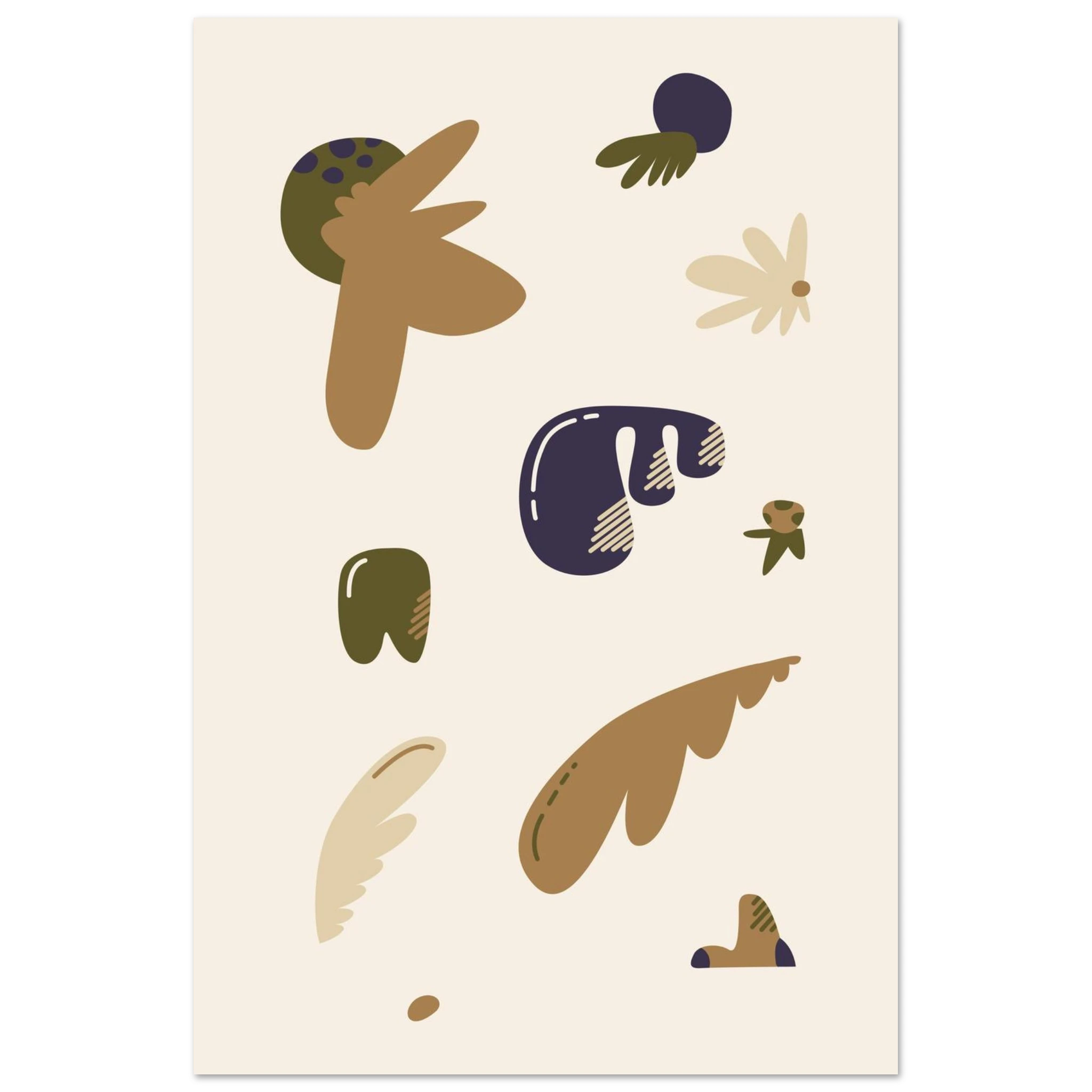 Whimsical abstract floral print in brown, green, navy, and cream with quirky organic blobs, modern wall art