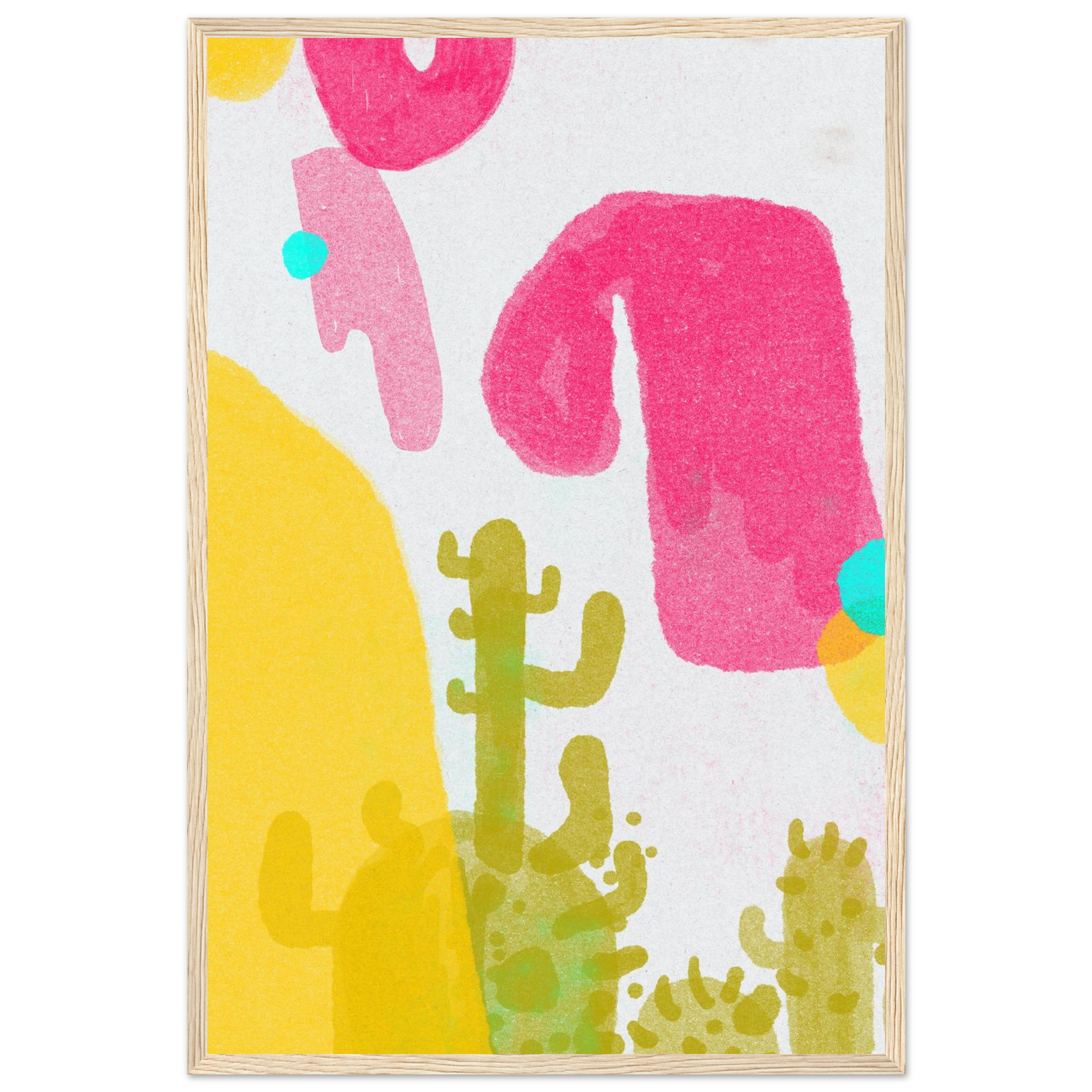 Abstract cactus print in pink, yellow, and green with playful organic blobs, colorful kids room wall art, framed