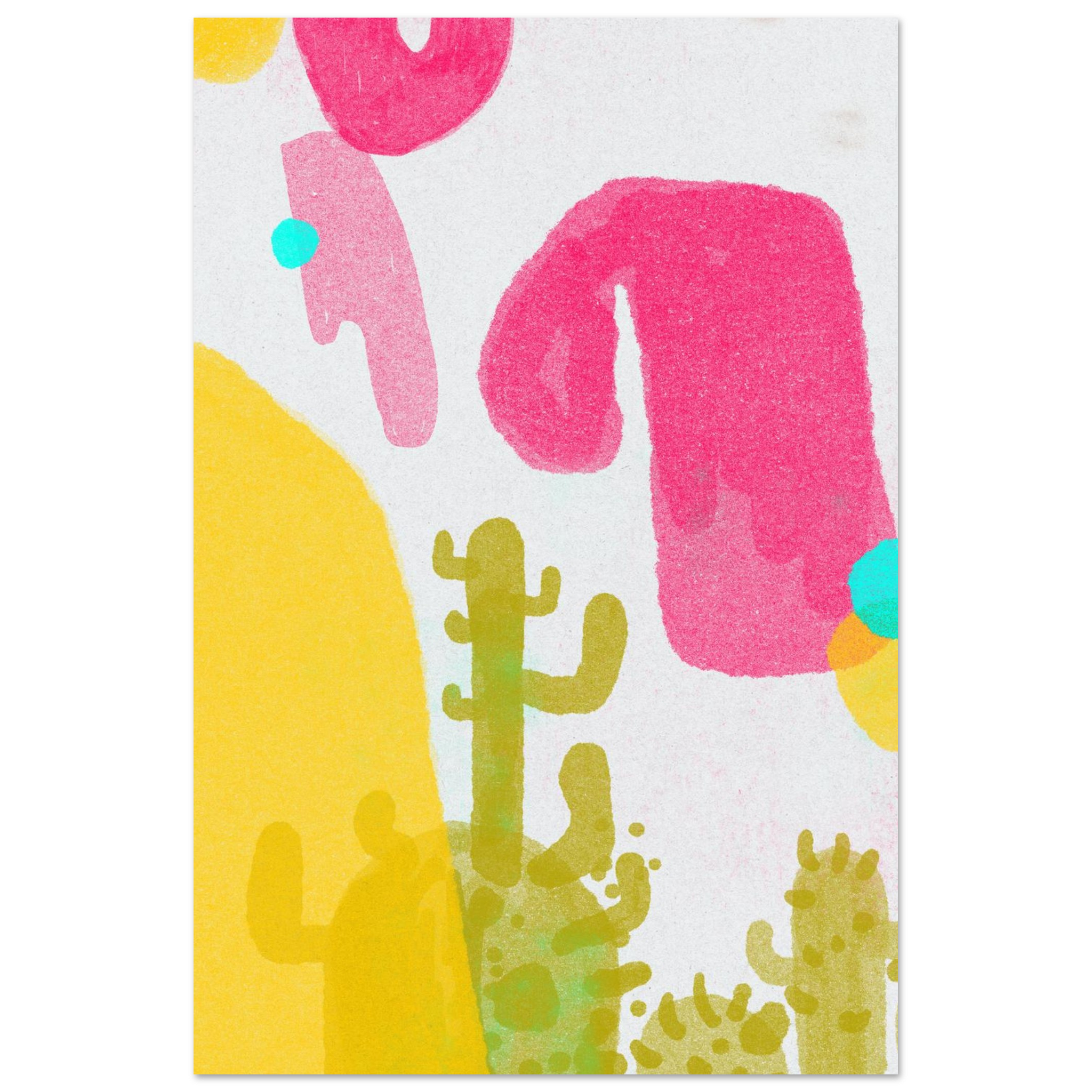 Abstract cactus print in pink, yellow, and green with playful organic blobs, colorful kids room wall art