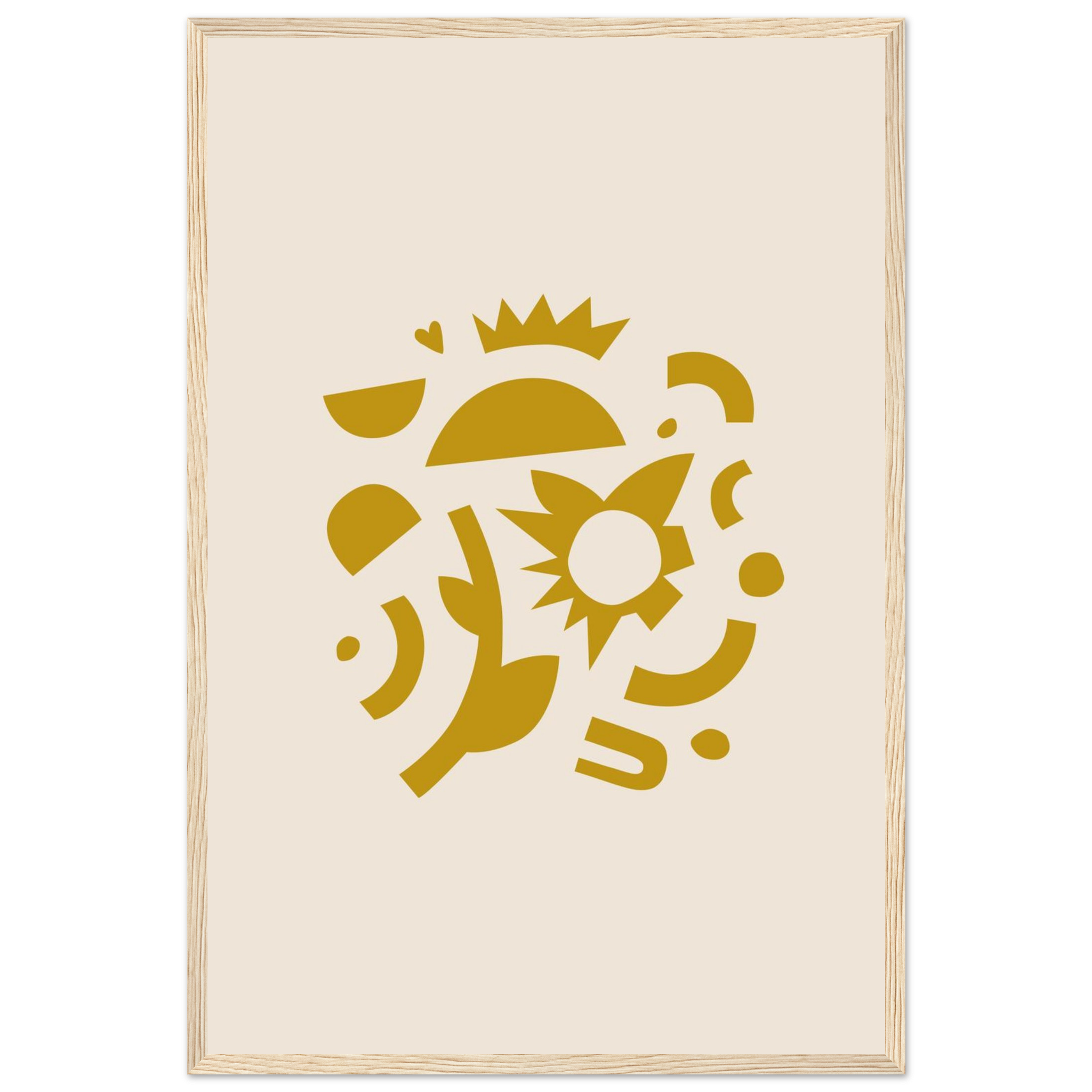 Geometric abstract sun print in golden yellow and cream with playful stacked shapes, modern minimalist wall art, framed