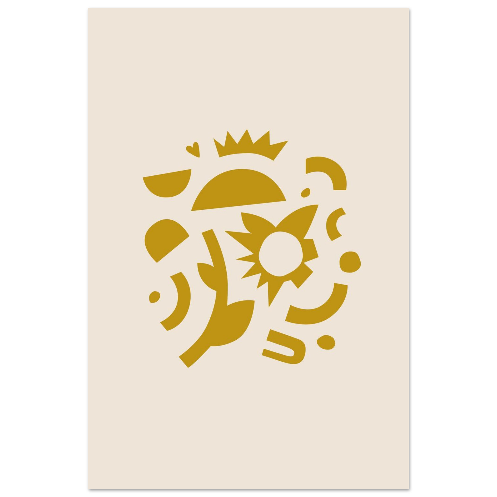 Geometric abstract sun print in golden yellow and cream with playful stacked shapes, modern minimalist wall art