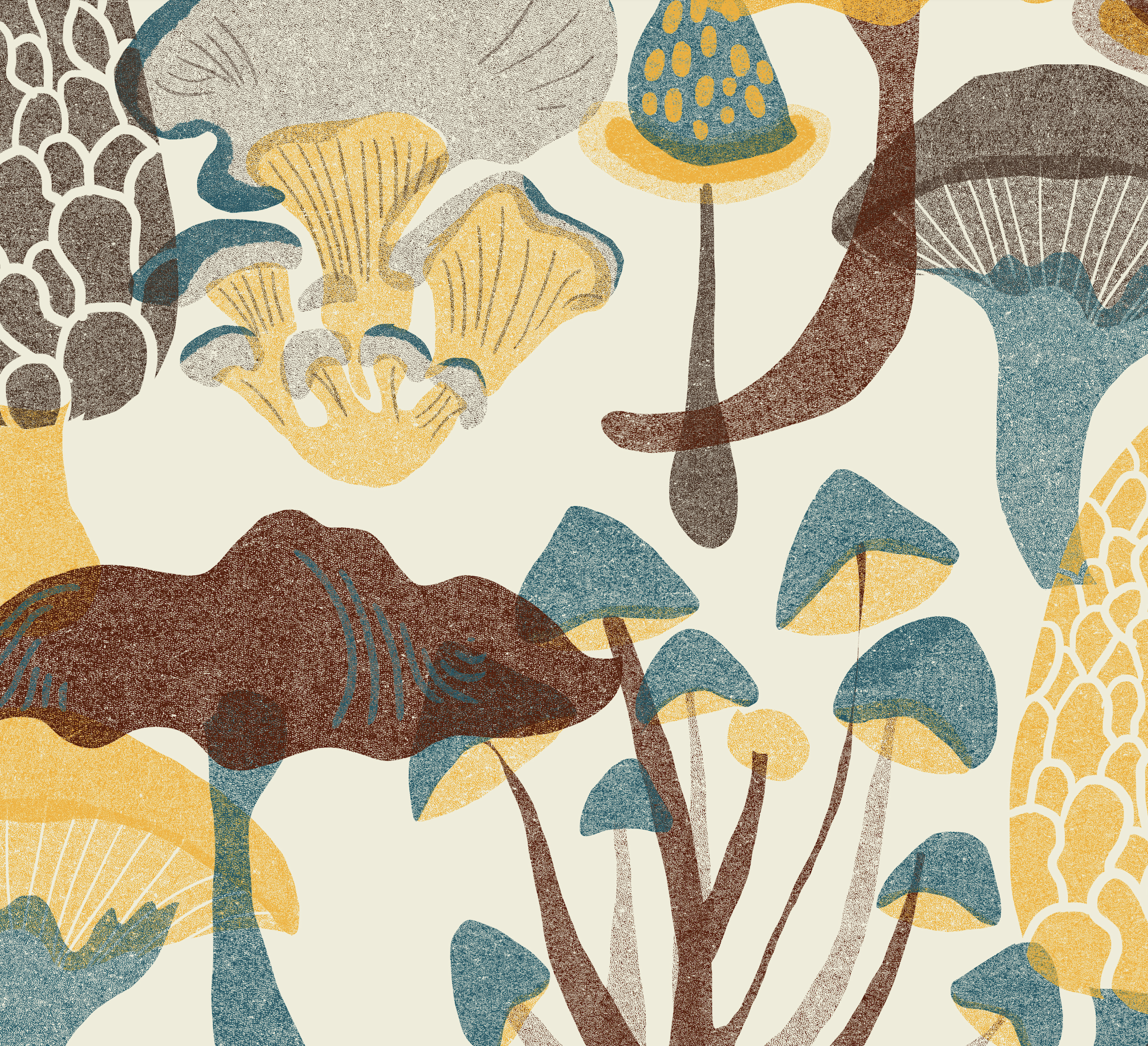 Minimalist fungi illustration print in teal, maroon, ochre and brown on off-white background, botanical wall art, detail