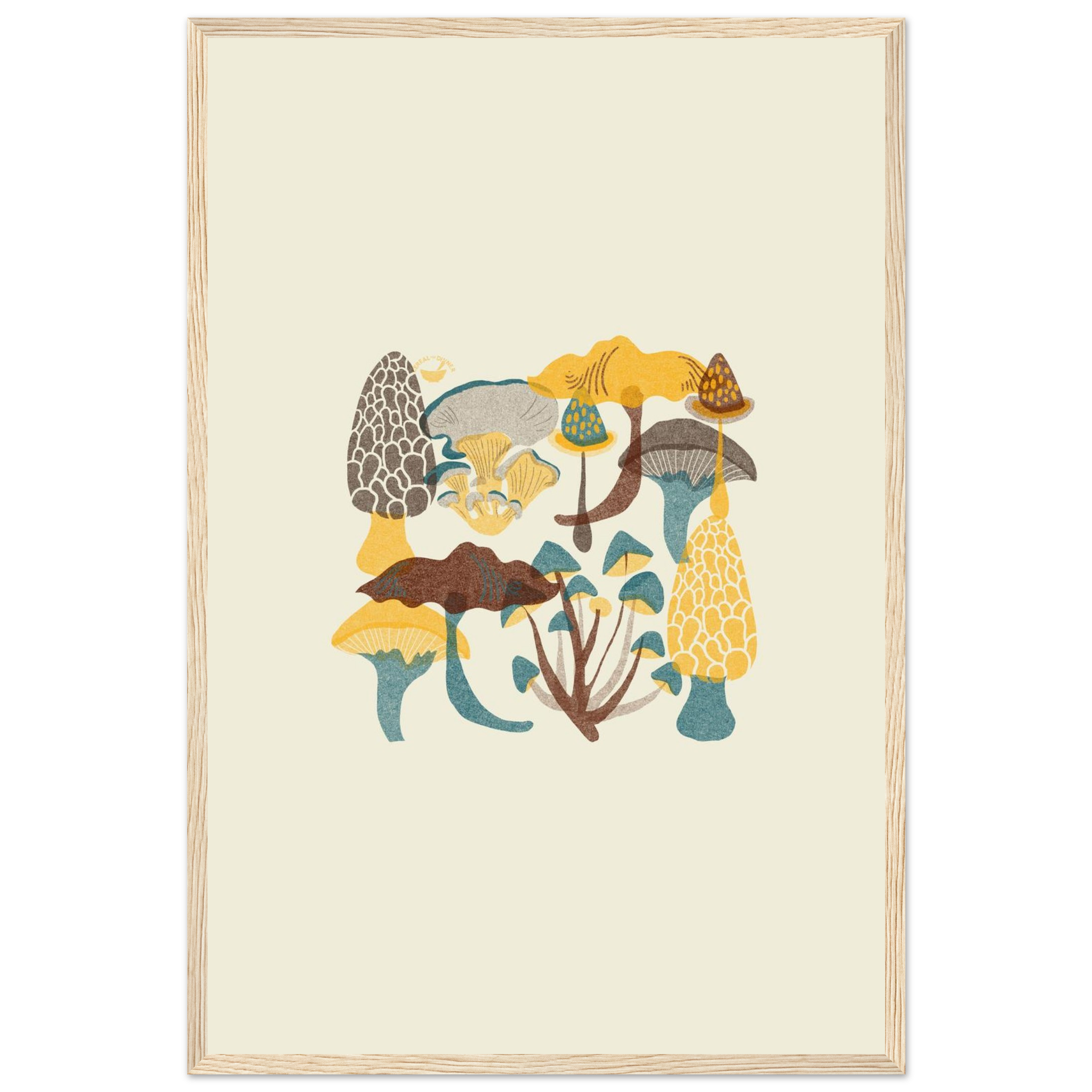 Minimalist fungi illustration print in teal, maroon, ochre and brown on off-white background, botanical wall art, framed