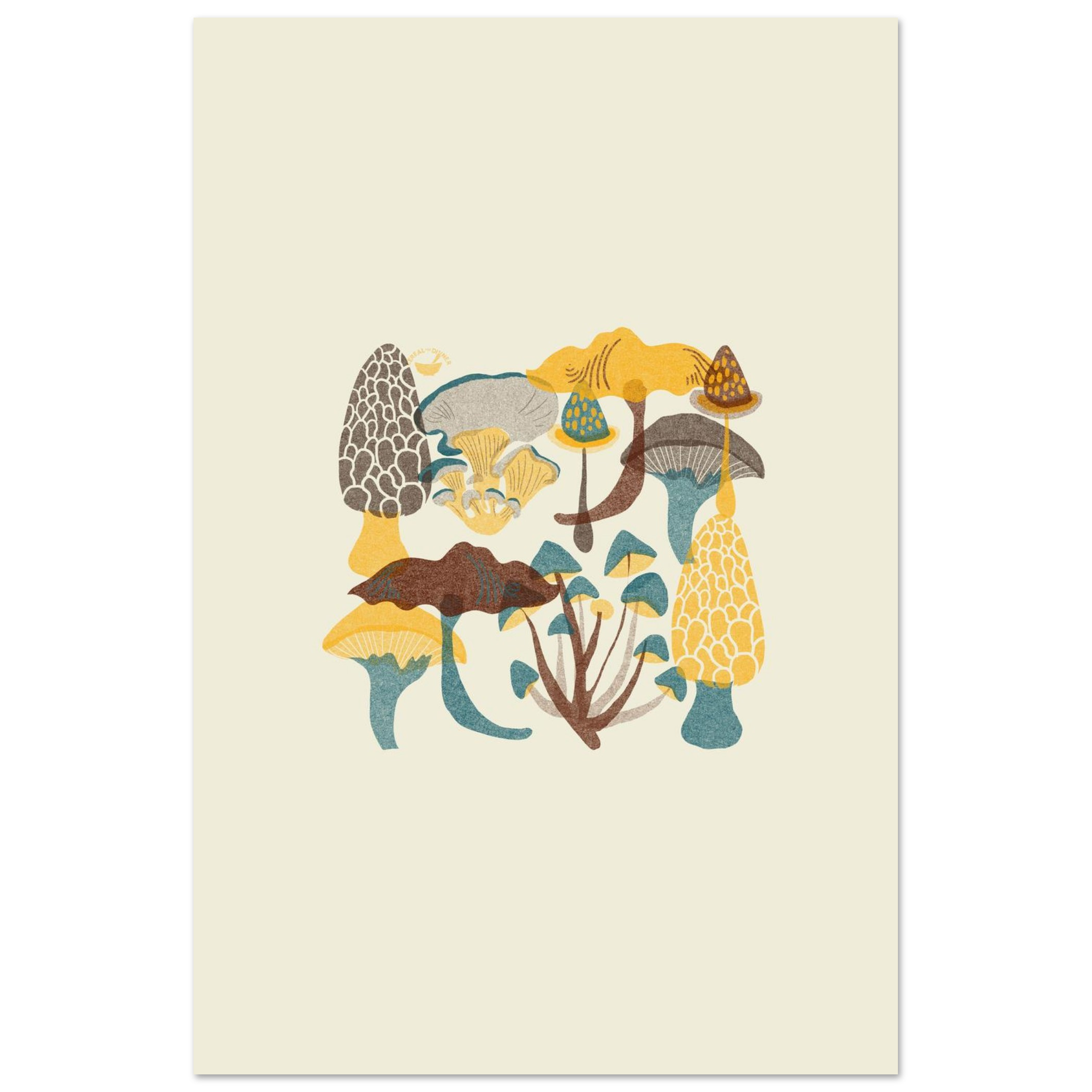 Minimalist fungi illustration print in teal, maroon, ochre and brown on off-white background, botanical wall art