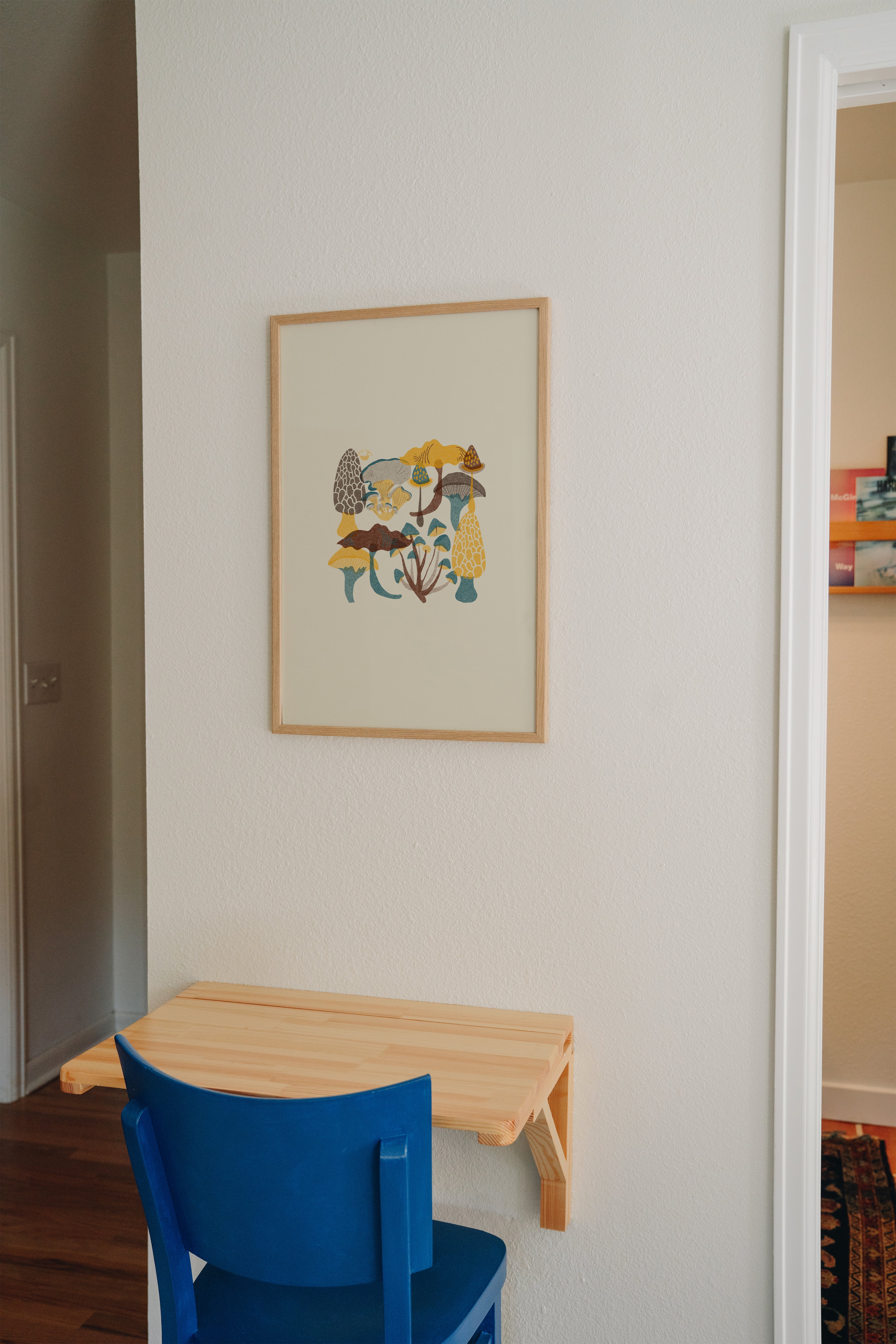 Curious Fungi minimalist botanical print displayed in home office, nature-inspired wall art styling inspiration