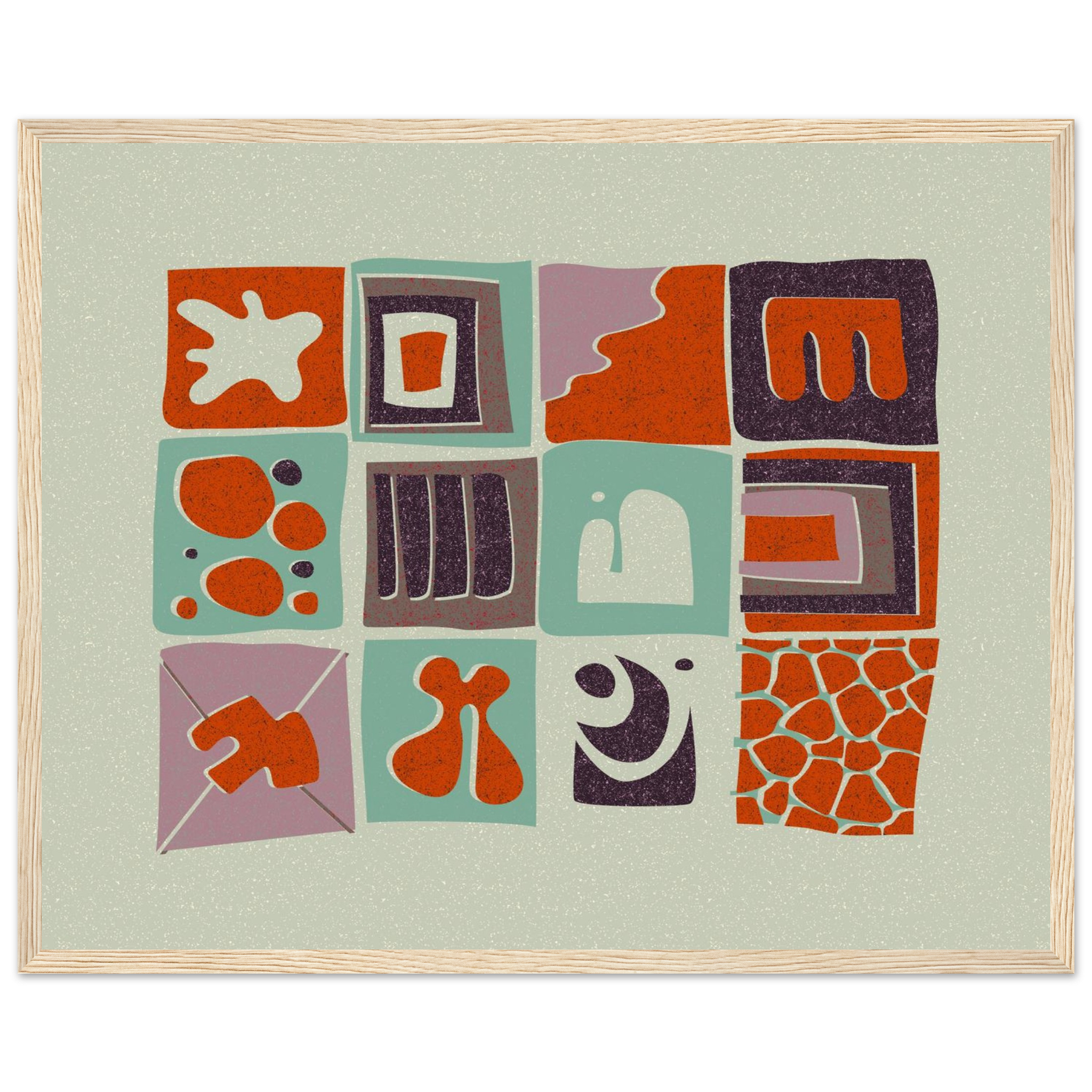 Colorful abstract grid print in teal, red, and purple with geometric organic shapes, mid-century modern wall art, framed
