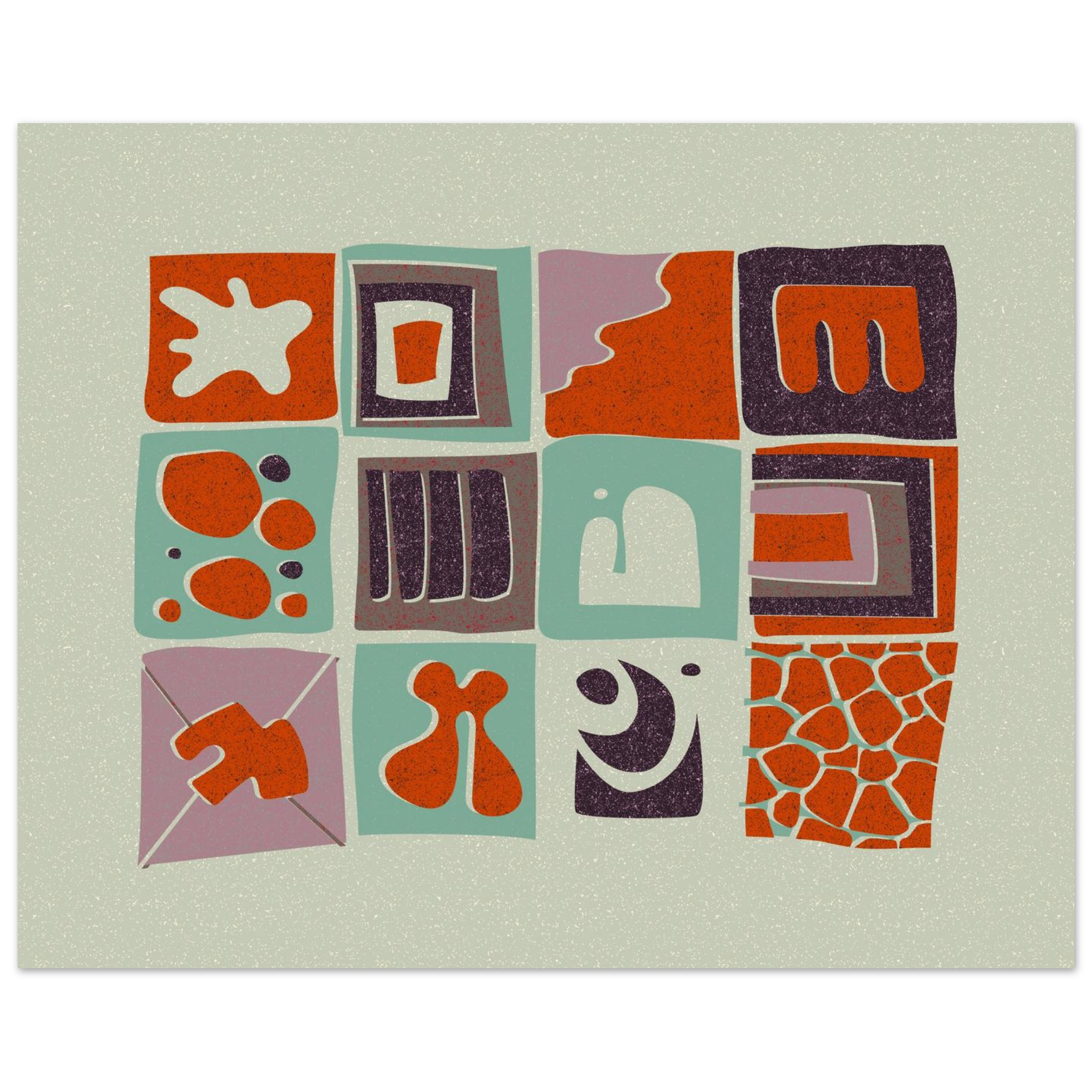 Colorful abstract grid print in teal, red, and purple with geometric organic shapes, mid-century modern wall art