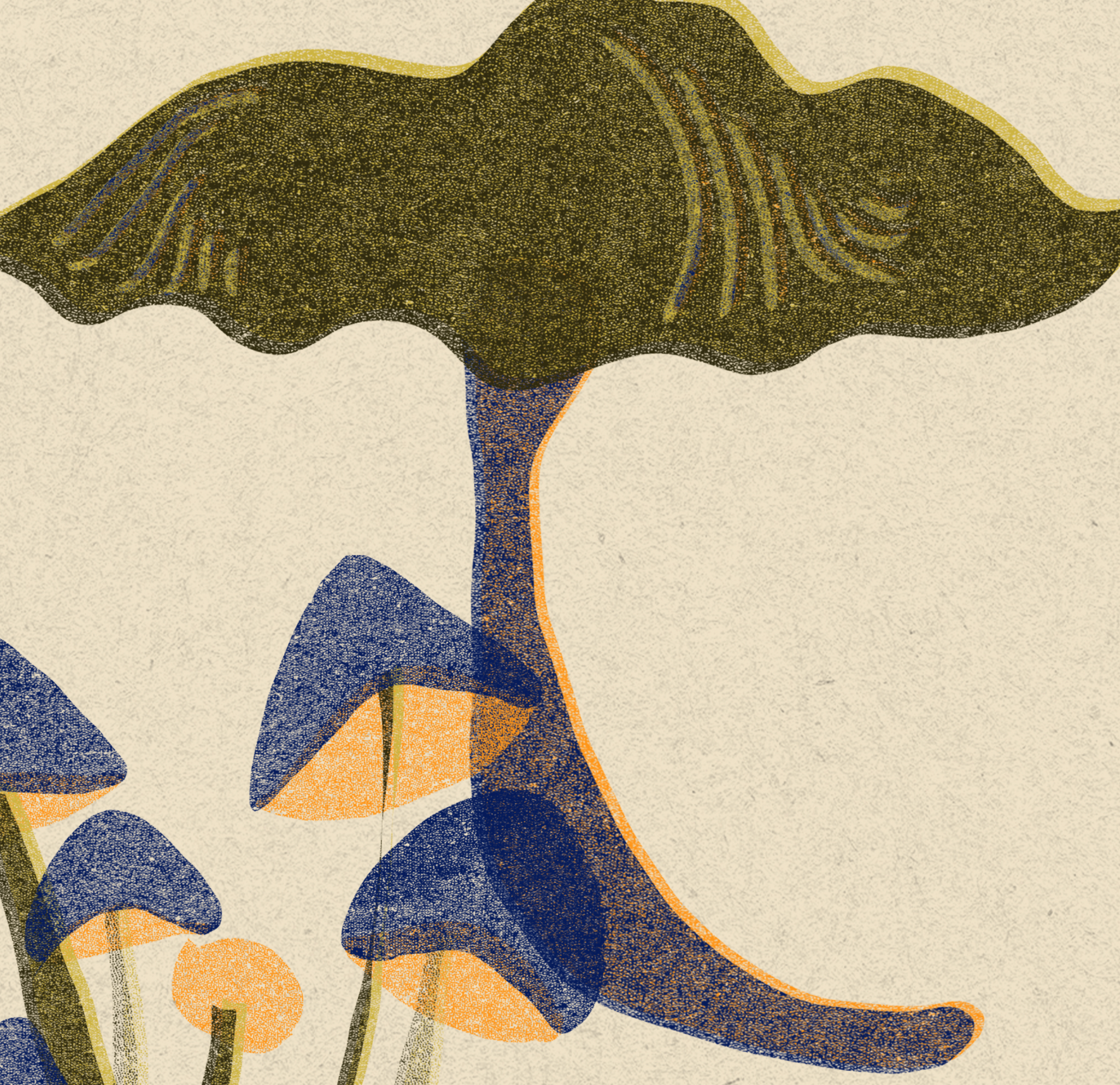 Playful fungi botanical print with scattered mushroom illustrations in pink, navy, green and orange on beige background, detail