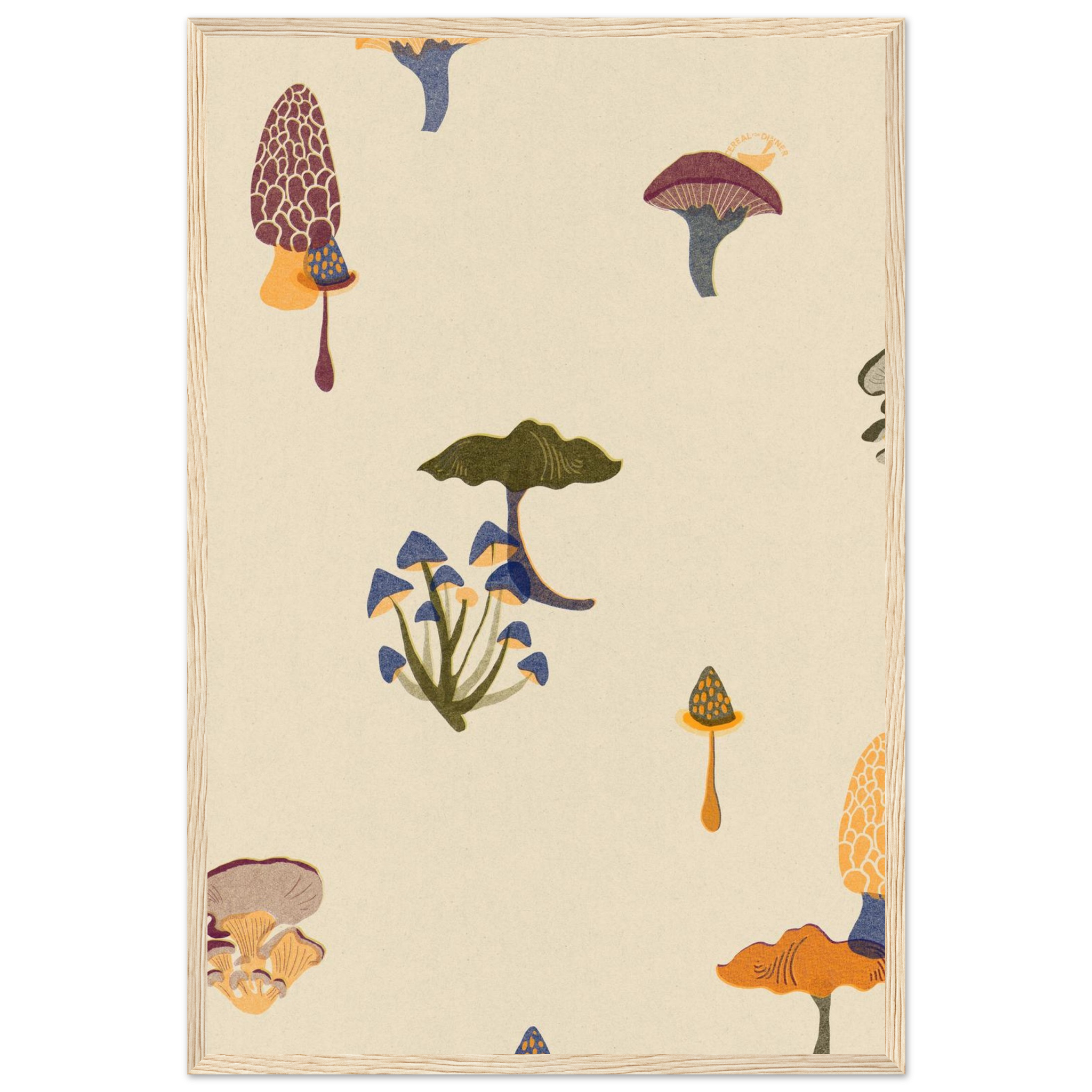 Playful fungi botanical print with scattered mushroom illustrations in pink, navy, green and orange on beige background, framed