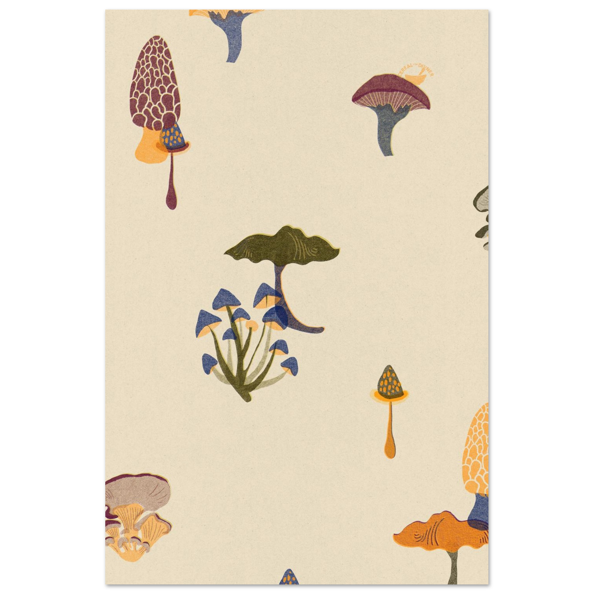 Playful fungi botanical print with scattered mushroom illustrations in pink, navy, green and orange on beige background