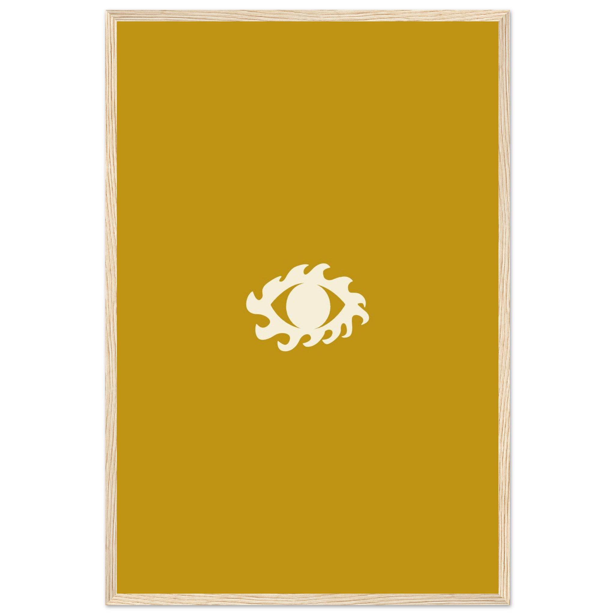 Minimalist illustrated eye print in gold and cream with wave-like shapes, sunny modern wall art, framed