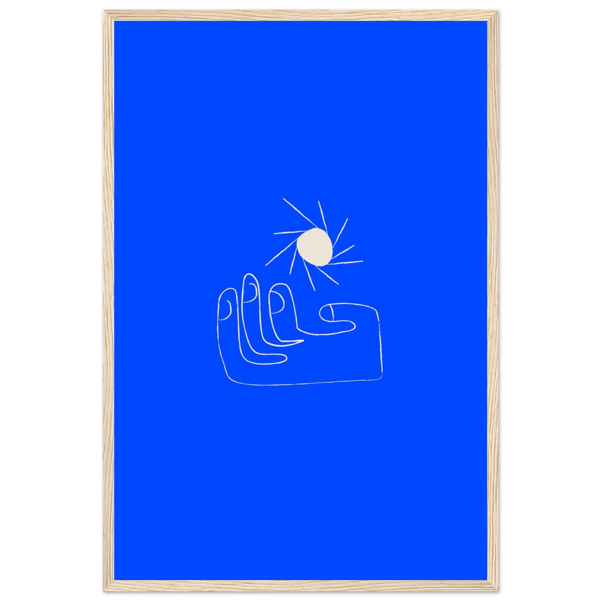 Simple illustrated sun and hand print in blue and white, charming modern wall art for home offices and kids rooms, framed