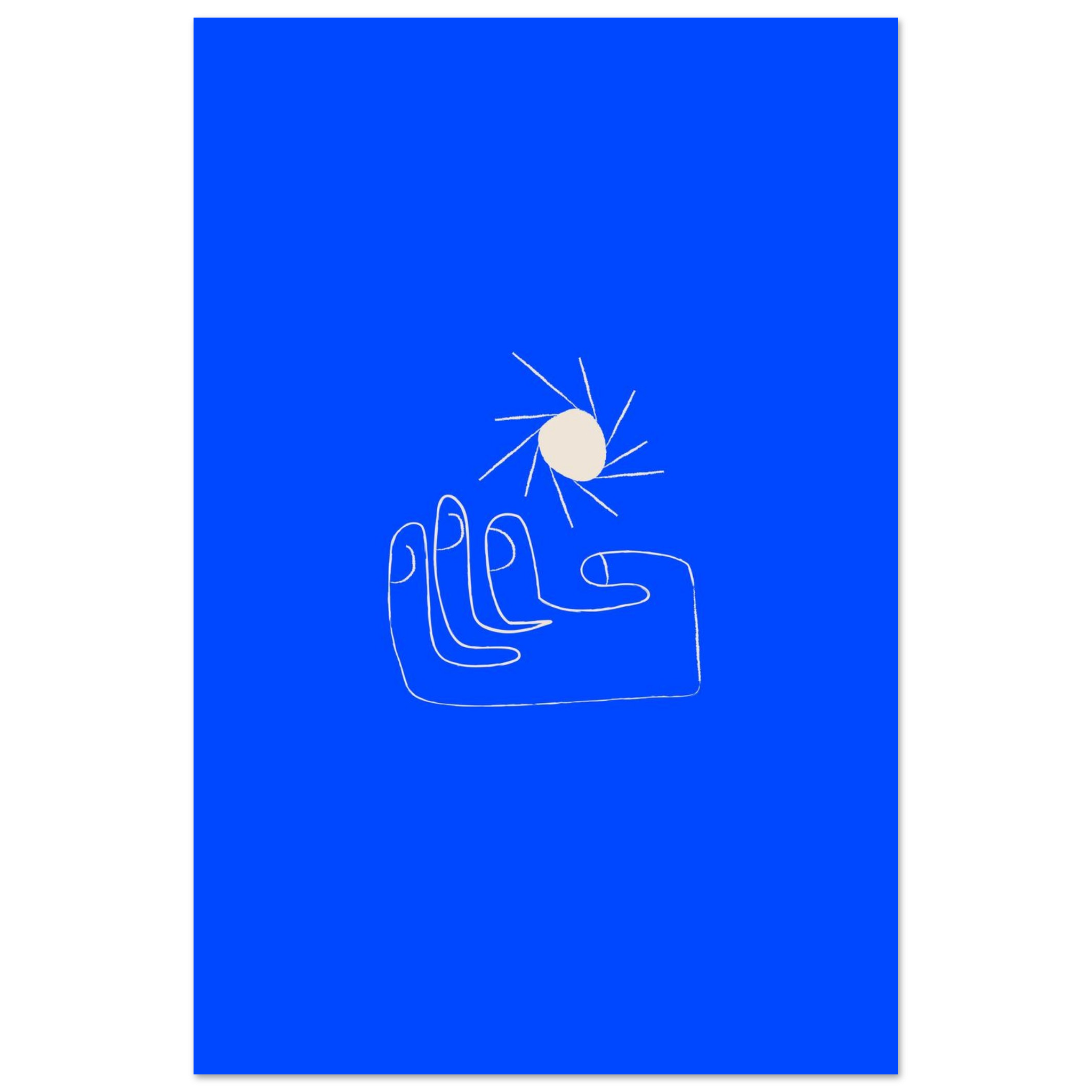 Simple illustrated sun and hand print in blue and white, charming modern wall art for home offices and kids rooms