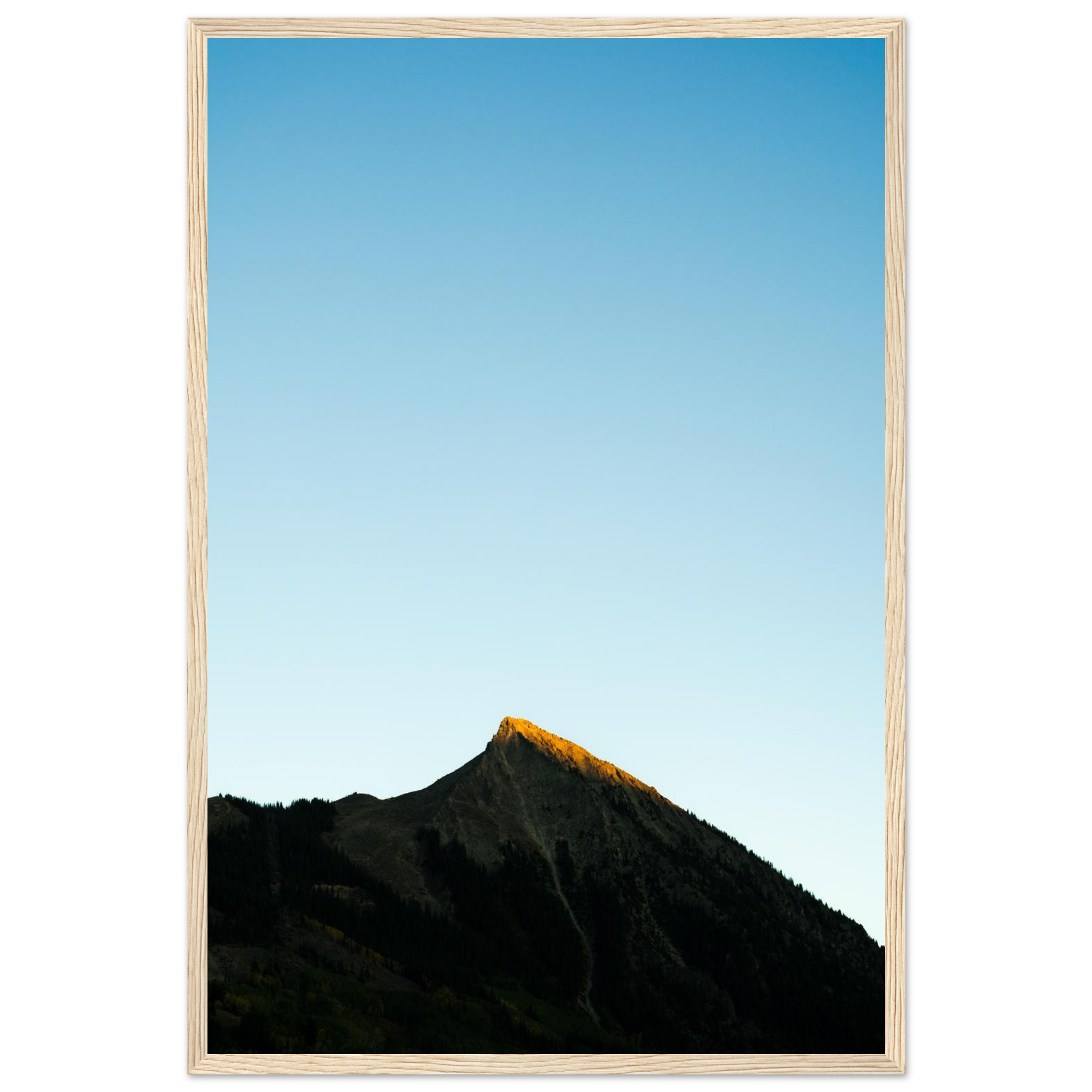 Mountain landscape photography print from Crested Butte Colorado with blue sky and golden sunrise, calming nature wall art, framed
