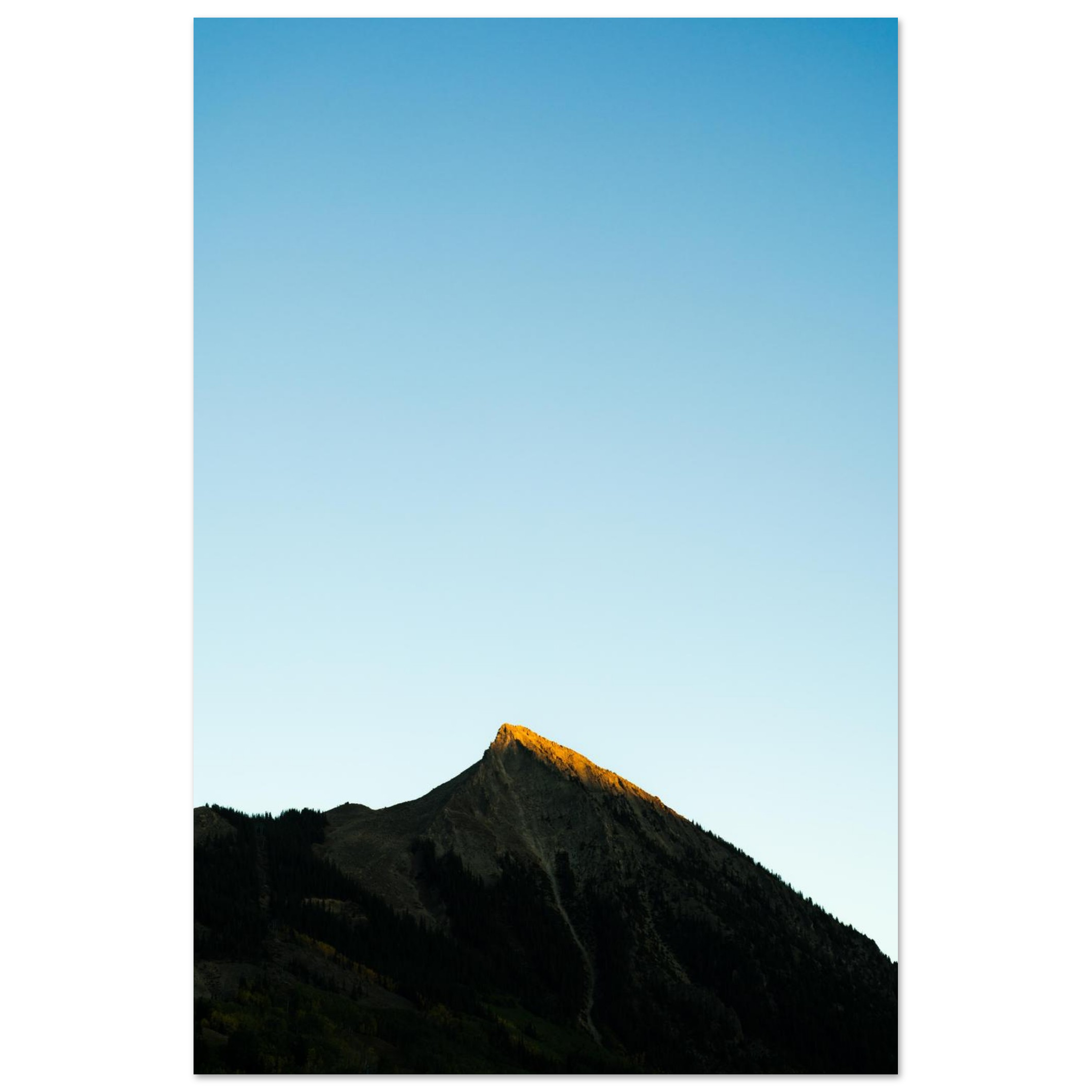 Mountain landscape photography print from Crested Butte Colorado with blue sky and golden sunrise, calming nature wall art