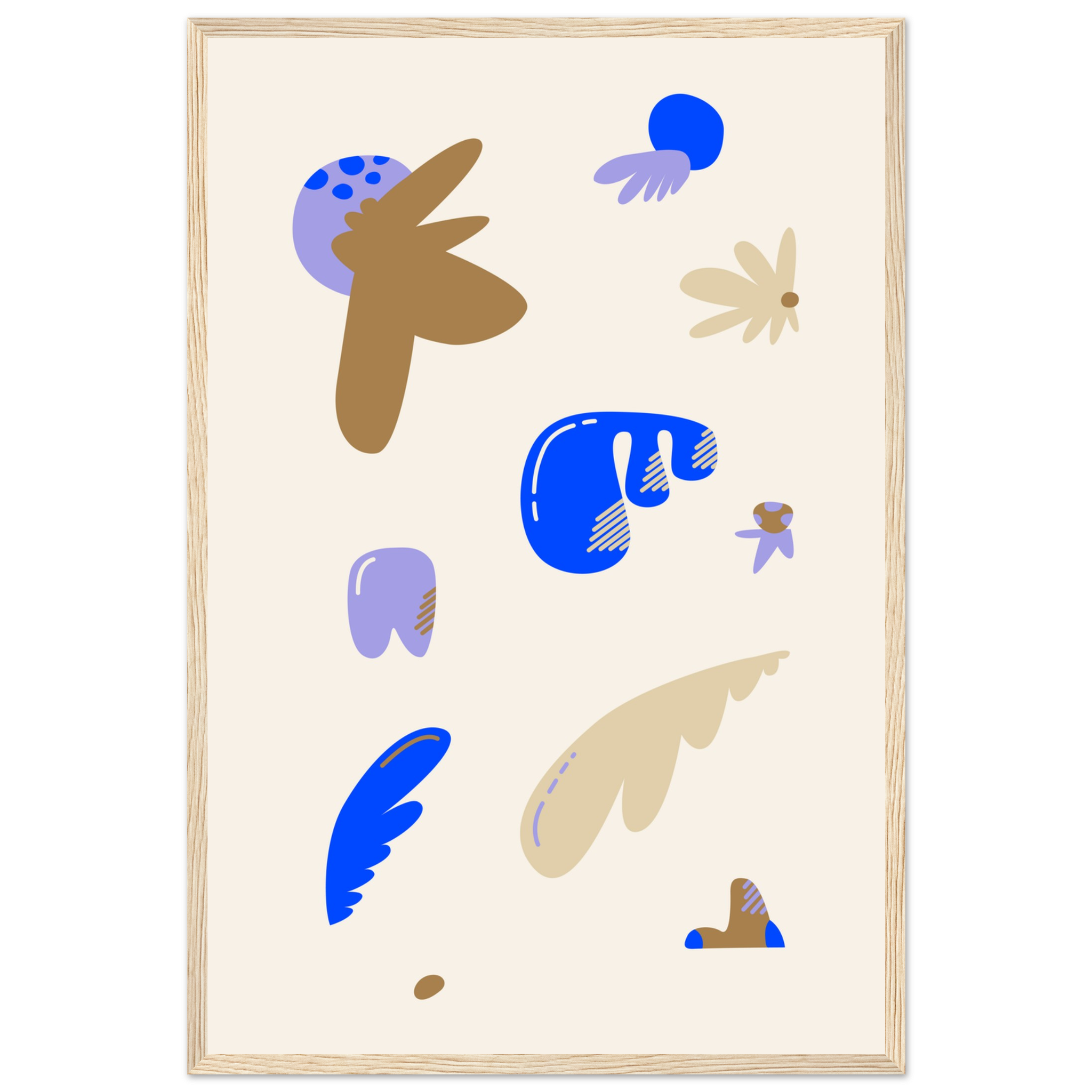 Whimsical abstract floral print in purple, blue, brown, and cream with quirky organic blobs, modern wall art, framed