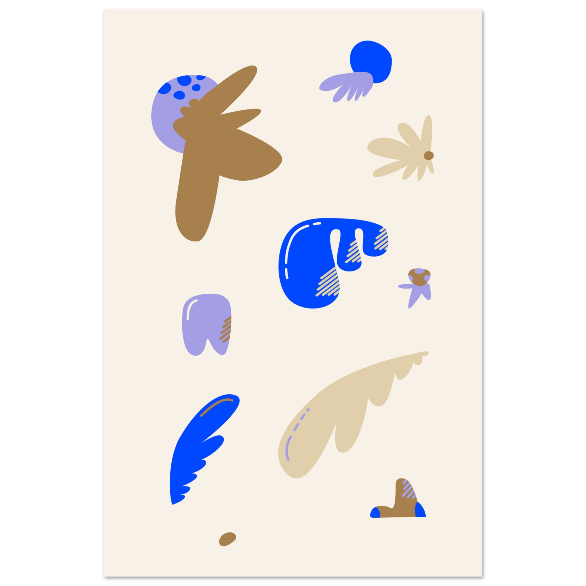 Whimsical abstract floral print in purple, blue, brown, and cream with quirky organic blobs, modern wall art