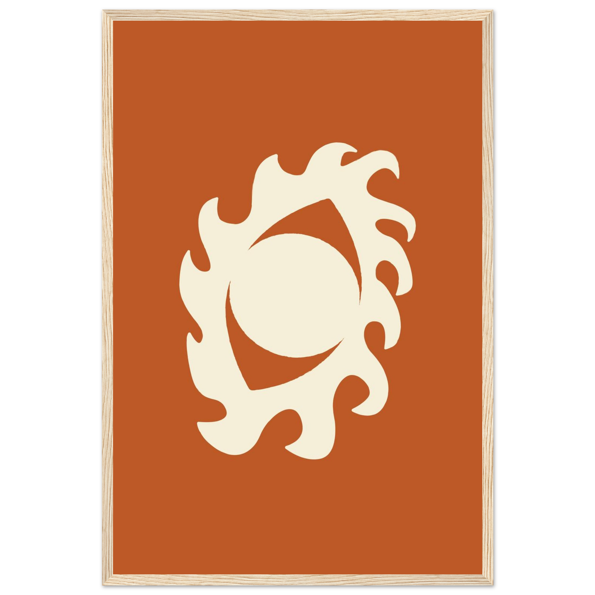 Abstract face print in terracotta and cream with quirky side eye expression, playful modern wall art, framed