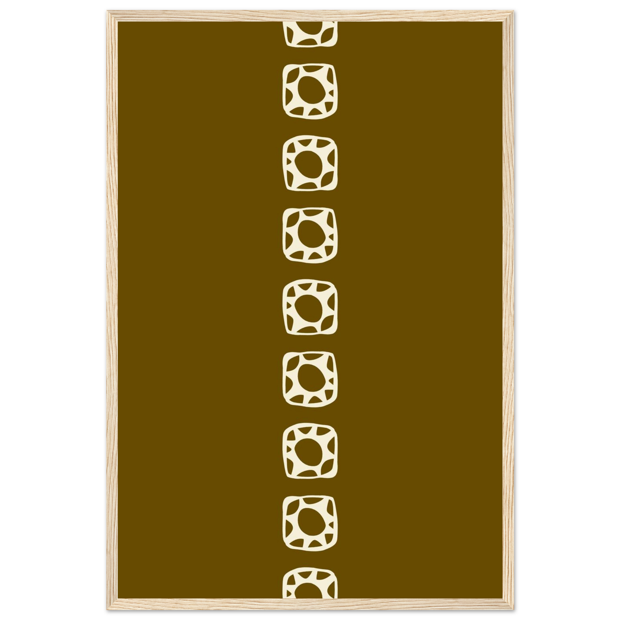 Minimalist graphic print with repeating sun icons in brown and cream, neutral cozy wall art, framed