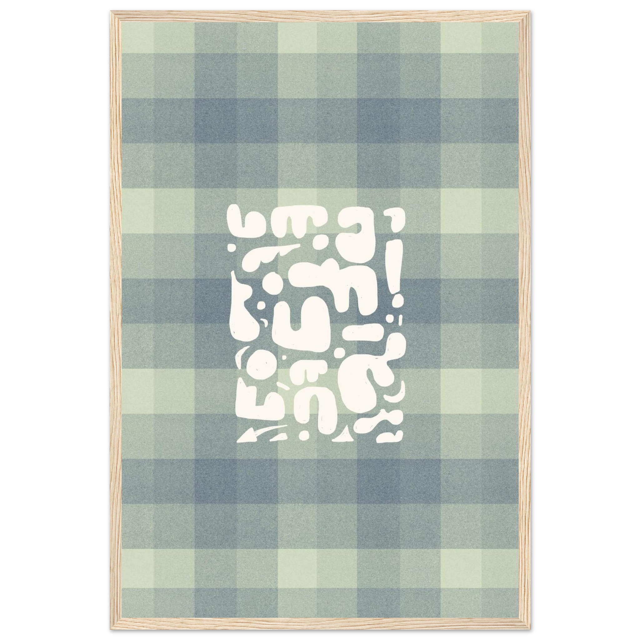 Vintage abstract print with green and teal organic shapes on geometric grid, modern kitchen wall art, framed