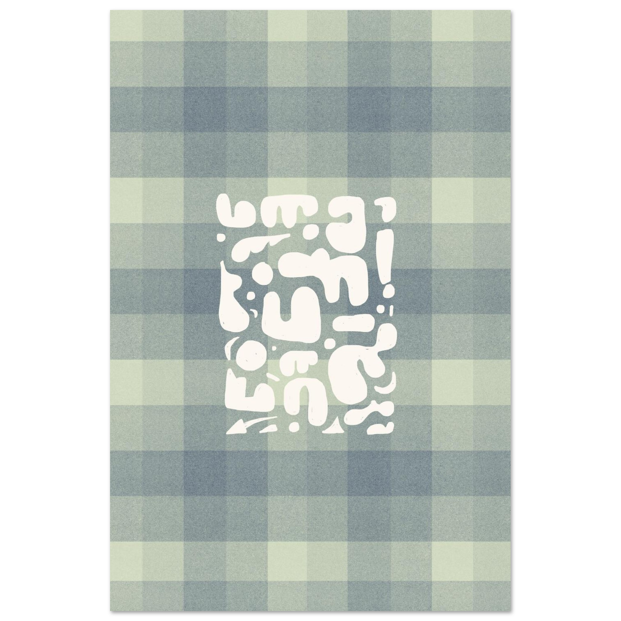 Vintage abstract print with green and teal organic shapes on geometric grid, modern kitchen wall art