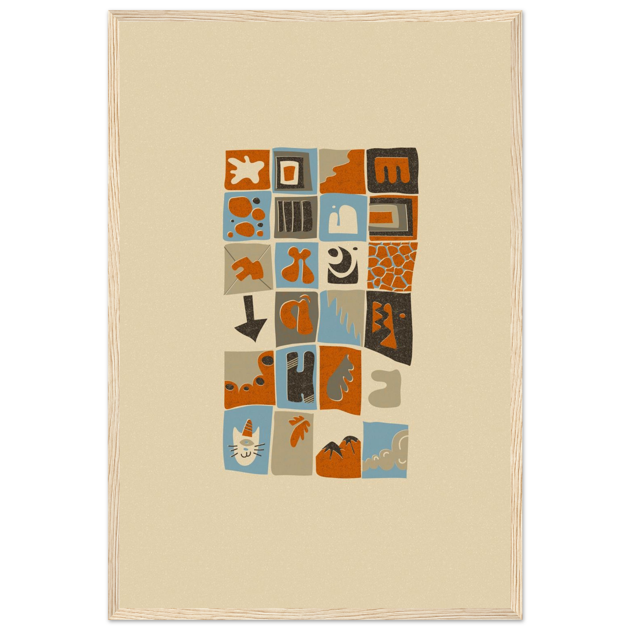 Abstract grid art print in terracotta orange and dusty blue with organic shapes on beige background, modern minimalist wall decor, with wooden frame