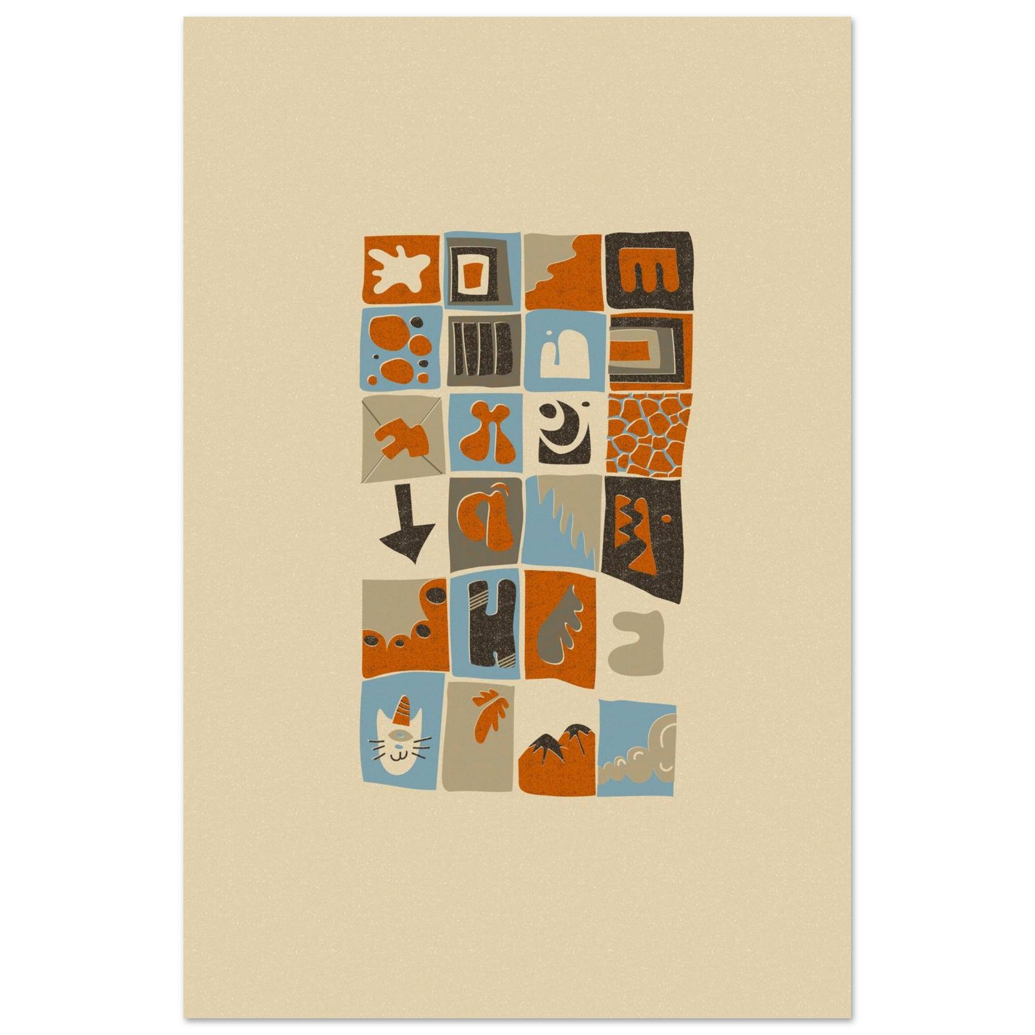 Abstract grid art print in terracotta orange and dusty blue with organic shapes on beige background, modern minimalist wall decor