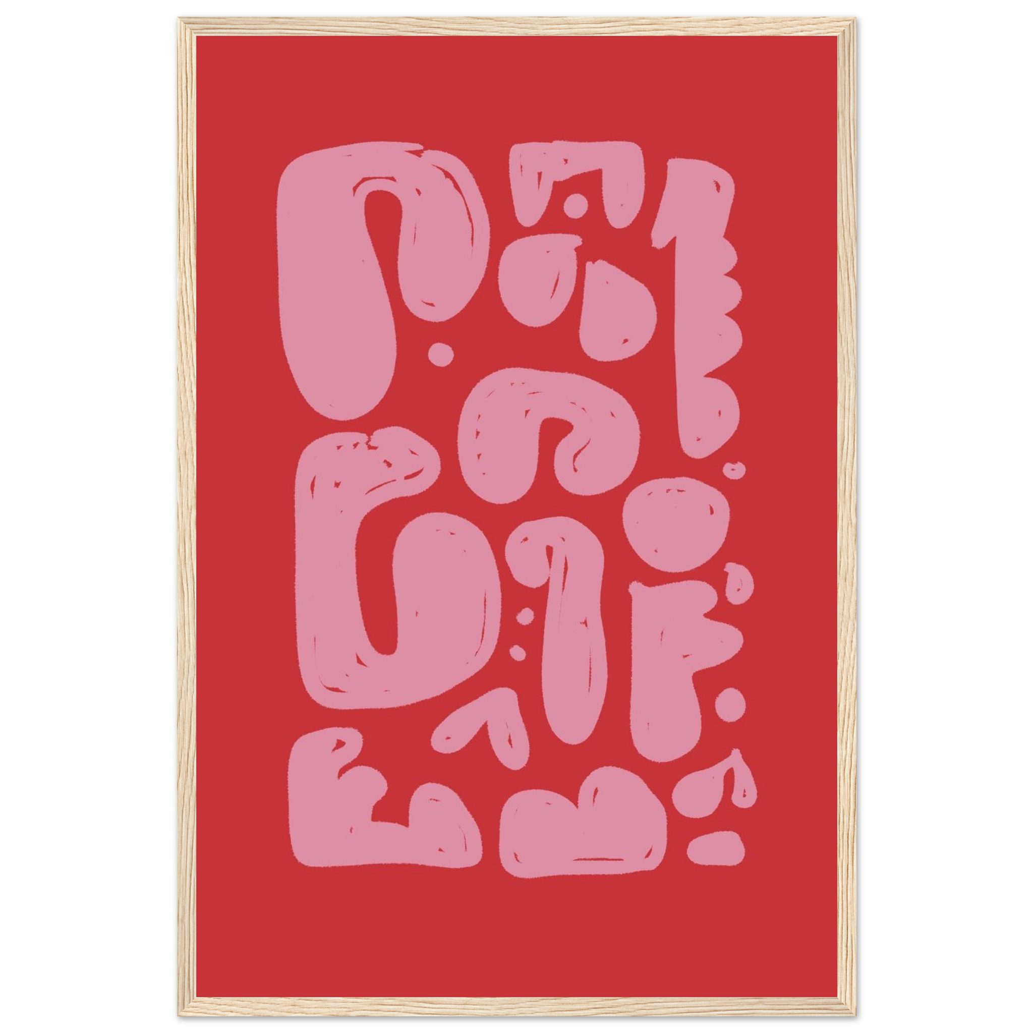 Abstract heart print in red and pink with playful organic blobs, happy bedroom wall art, framed