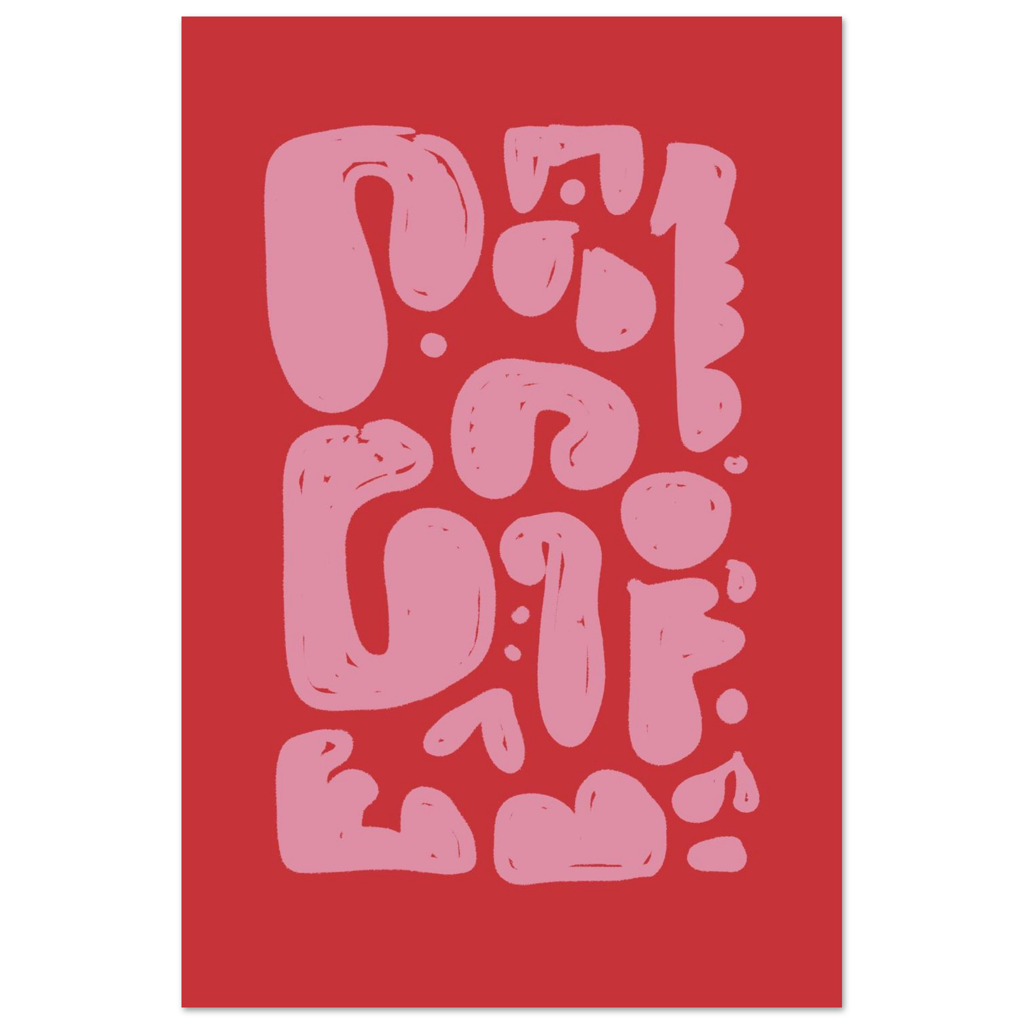 Abstract heart print in red and pink with playful organic blobs, happy bedroom wall art